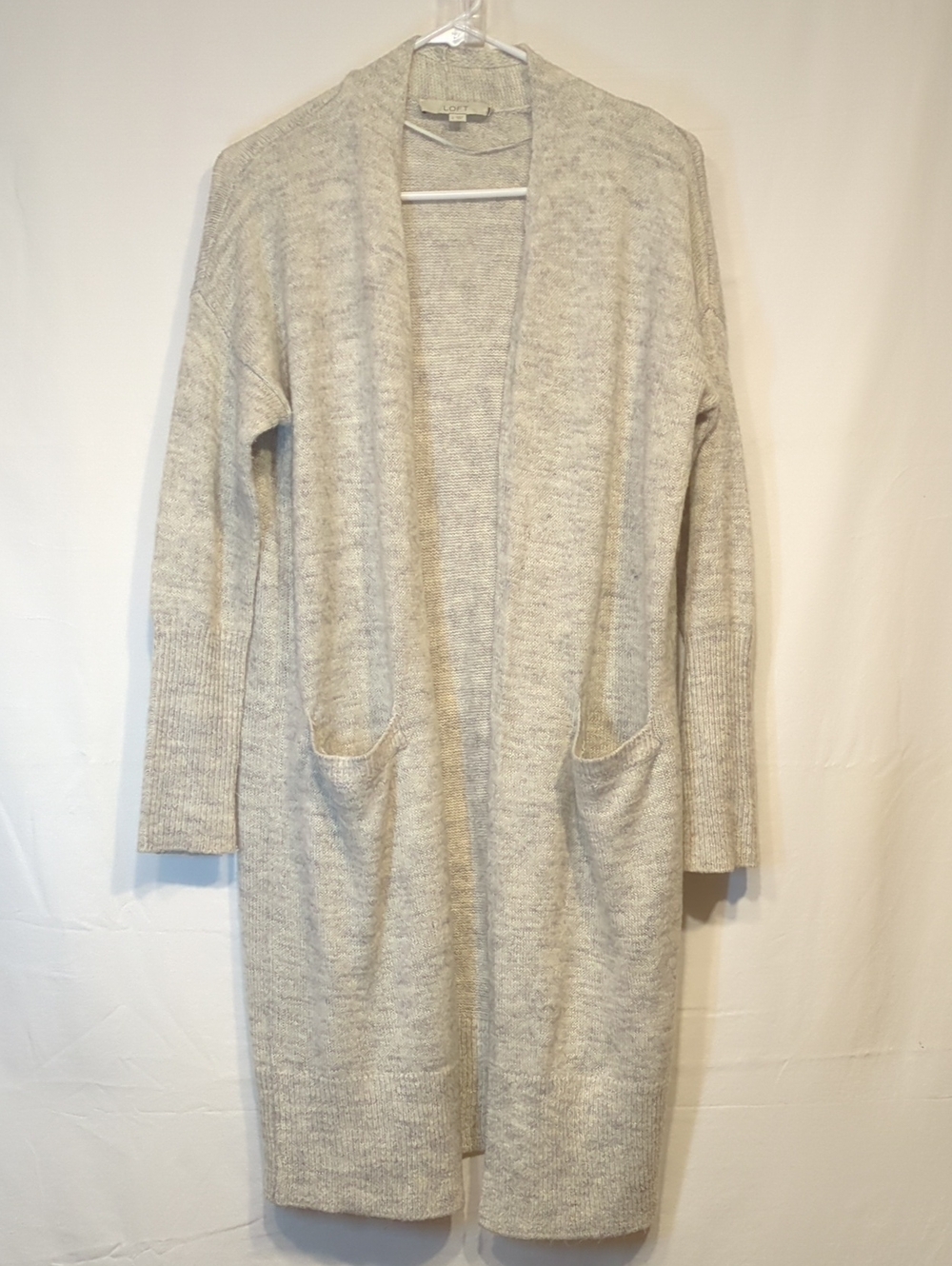 LOFT Long Open-Front Cream Heather Cardigan